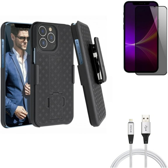 Case Belt Clip & Privacy Screen Protector & 10ft USB Cable for iPhone 13 Pro Max ONLY - Holster Swivel Cover   Tempered Glass Curved Anti-Spy   Charger Cord Power Wire Combo