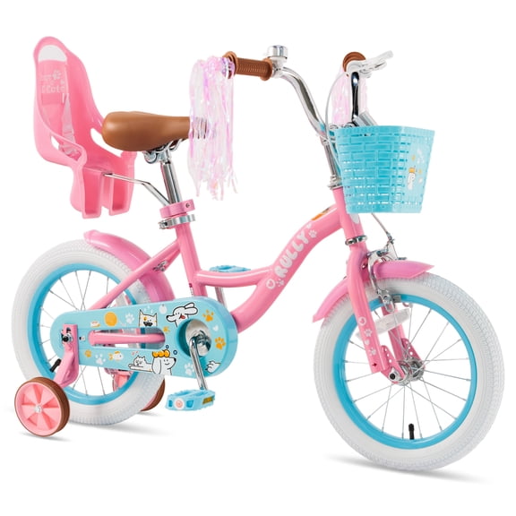 Rully 14 inch Girls Bike with Basket, Doll Seat and Training Wheels, Pink Kids Bicycle for Ages 3-5
