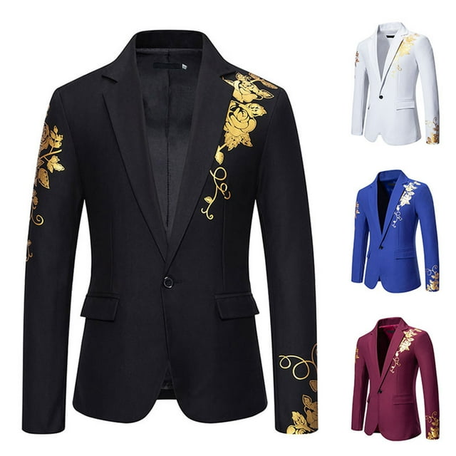 UVEASISHA Men's Tuxedo Jacket Gold Sequins Printed One Button Suit Jackets Party Dinner Prom Slim Fit Stylish Blazers Formal Wedding Suits Clearance Sales Today,Blue,XL