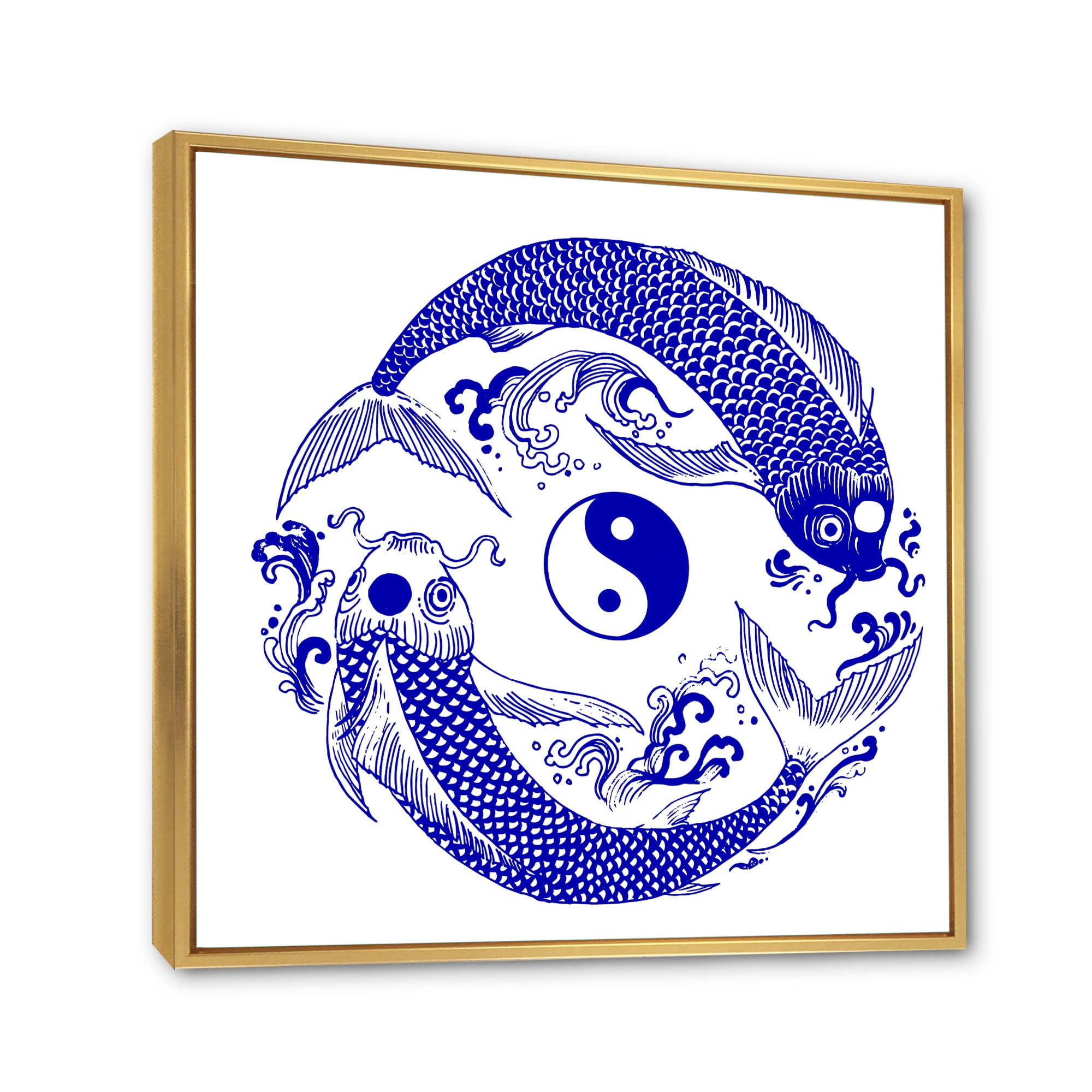 Designart 'Blue Chinoiserie Koi Fish II' Traditional Framed Canvas Wall Art Print