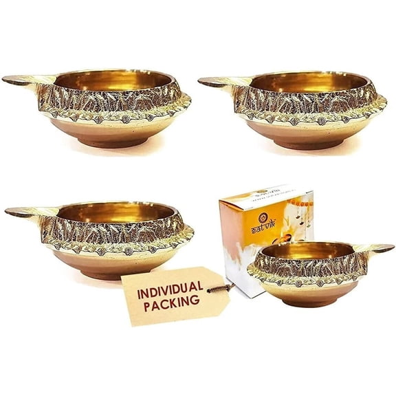 SATVIK Brass Kuber Diya Set of 4 Traditional Oil Lamp for Diwali Pooja Home Temple Festive Decor and Ritual Use