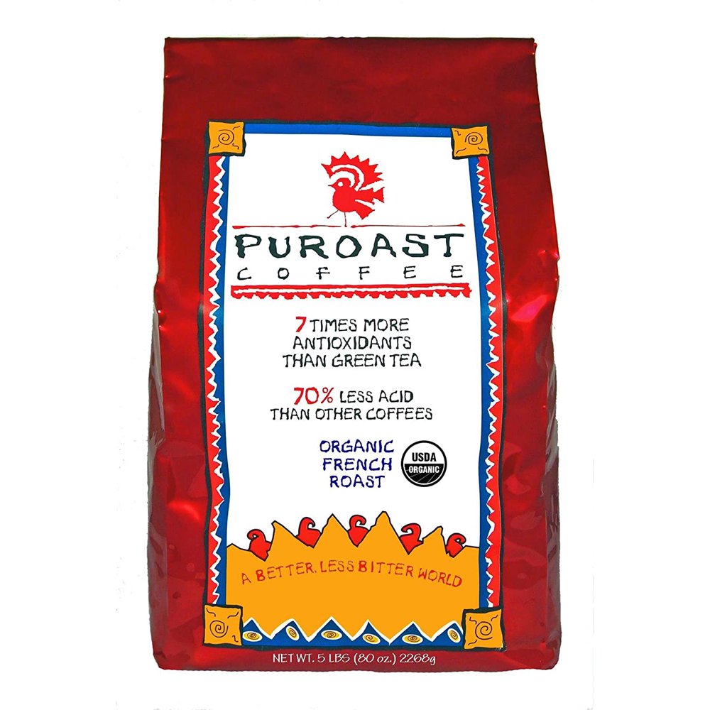 Puroast Coffee French Roast Low Acid Organic, Whole Bean, 5 Pound