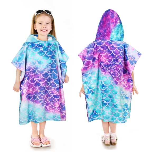 Catalonia Summer Kids Hooded Poncho Towel for Boys Girls, Super Soft & Absorbent Cotton Swimwear Cover-Ups, Bath Pool Beach Towels for 2-7 Years Old, 23.6"*26", Mermaid