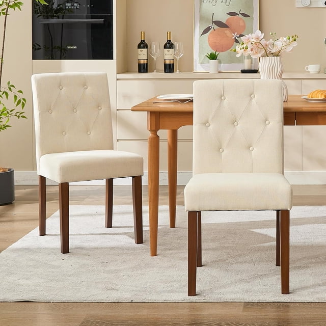 Upholstered Dining Chairs Set of 2, Modern Fabric Kitchen Side Chairs with Sturdy Wood Legs, Parsons Design, Comfortable Soft Linen for Dining Room, Restaurant, Cafe, Beige