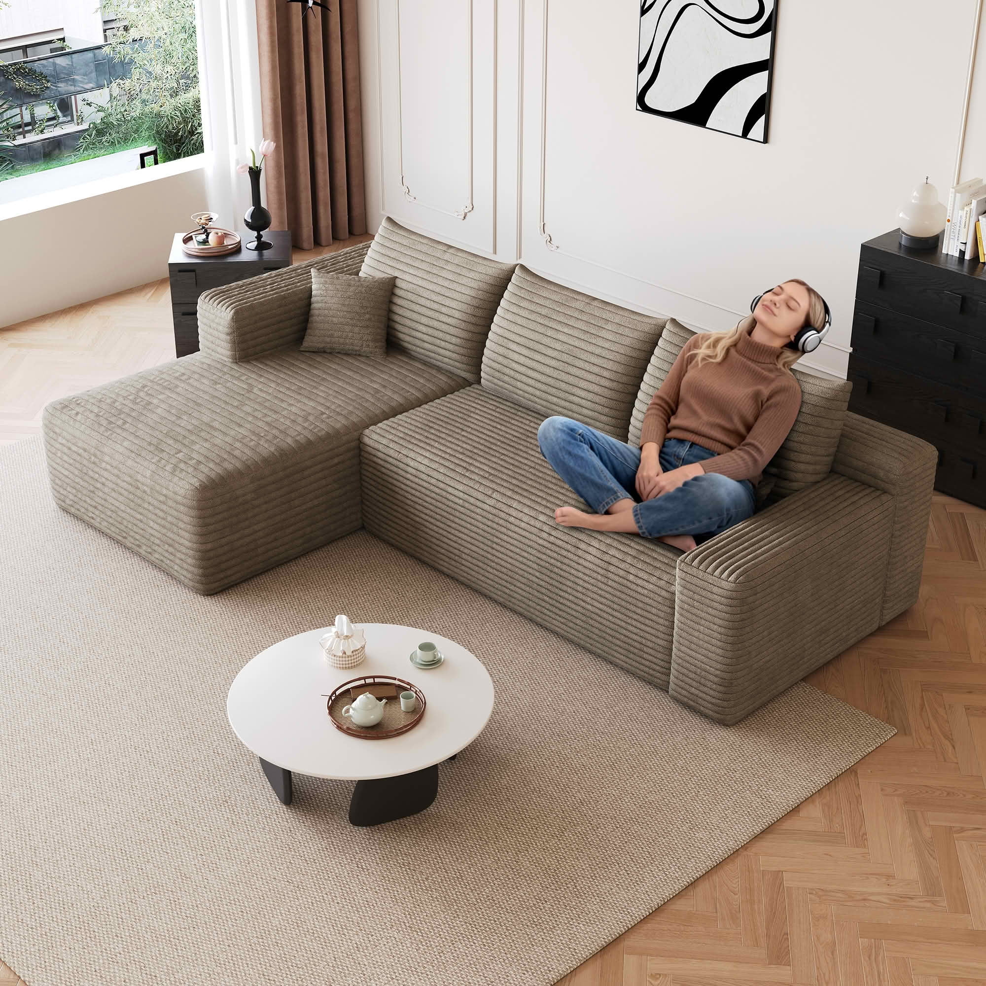 MAYEERTY 95" Cloud Sectional Sofa, U-Shaped Corduroy Upholstered Deep Seat Couch, No Assembly for Living Room, Brown