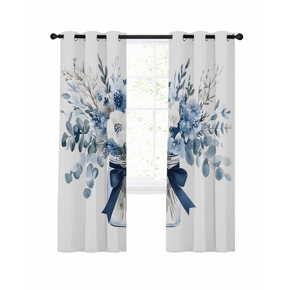 Blue Spring Floral Blackout Curtains, Light Blocking Print Window Curtains, Watercolor Summer Flowers Thermal Insulated Window Drapes for Living Room Kitchen Cafe 2 Panels, 104"W x 72"L