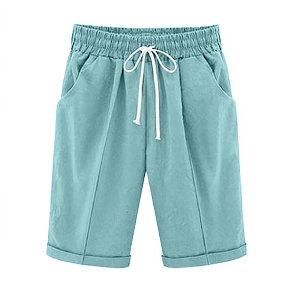 CQONEPT Short Pants for Womens Leisure Loose Fit Pants Knee Length Pants Summer Beach Vacation Elastic Waist Shorts Sky Blue 2XL
