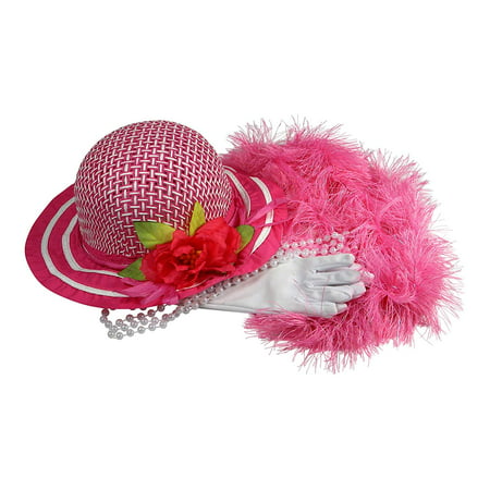 Girls Tea Party Hat Dress Up Play Set with Pink Sun Hat, Boa, Plastic Pearl Necklace, and White