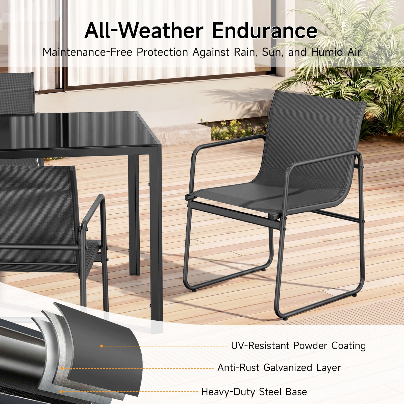 Vitarpatio 7 Piece Outdoor Patio Dining Set with 6 Textilene Chairs and Glass Rectangular Table, Modern Outdoor Furniture Set Patio Table and Chairs Set for 6 Persons, Black