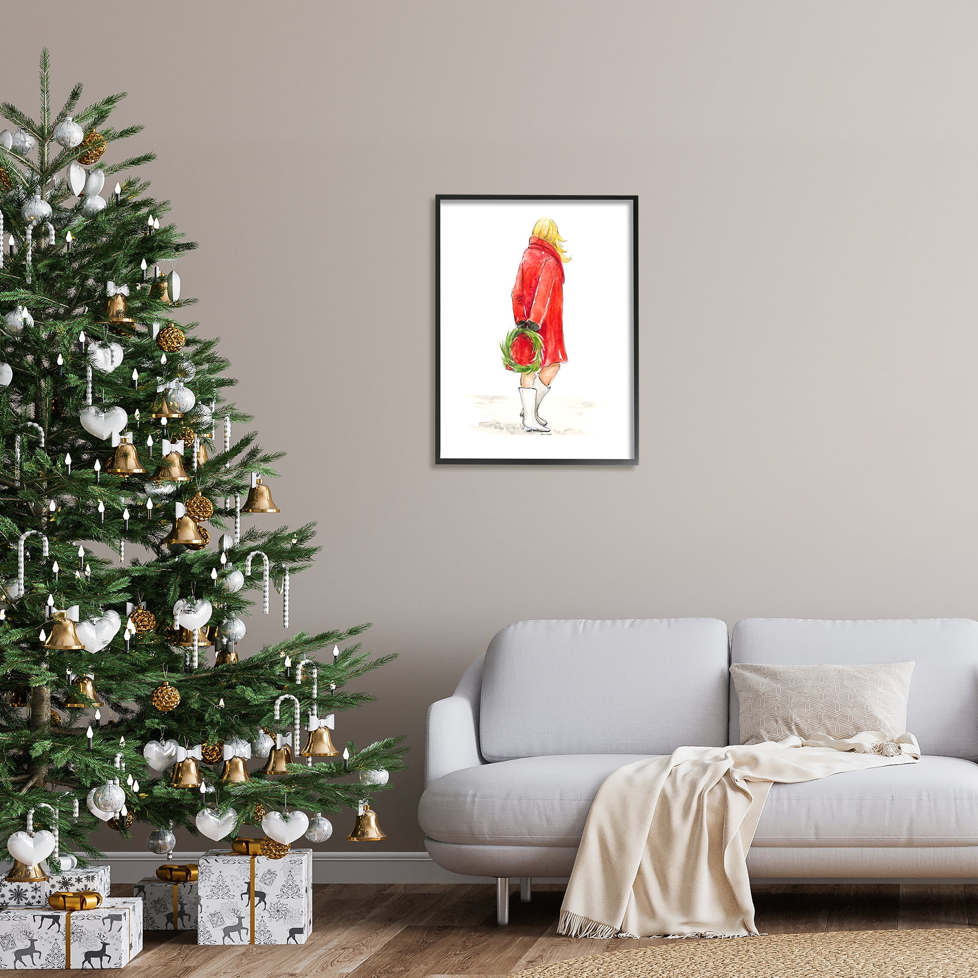 Glam Fashion Red Jacket Christmas Woman with Wreath 24 in x 30 in Framed Painting Art Prints, by Stupell Home Décor