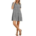 thumbnail image 1 of Vestido Gingham Inspire Chic para Mujeres, Cuello en V, Manga Corta, Botones Frontales, Estilo Vintage, Cuadrícula, Corte Suelto, Midi, Talla XS, Negro, 1 of 6