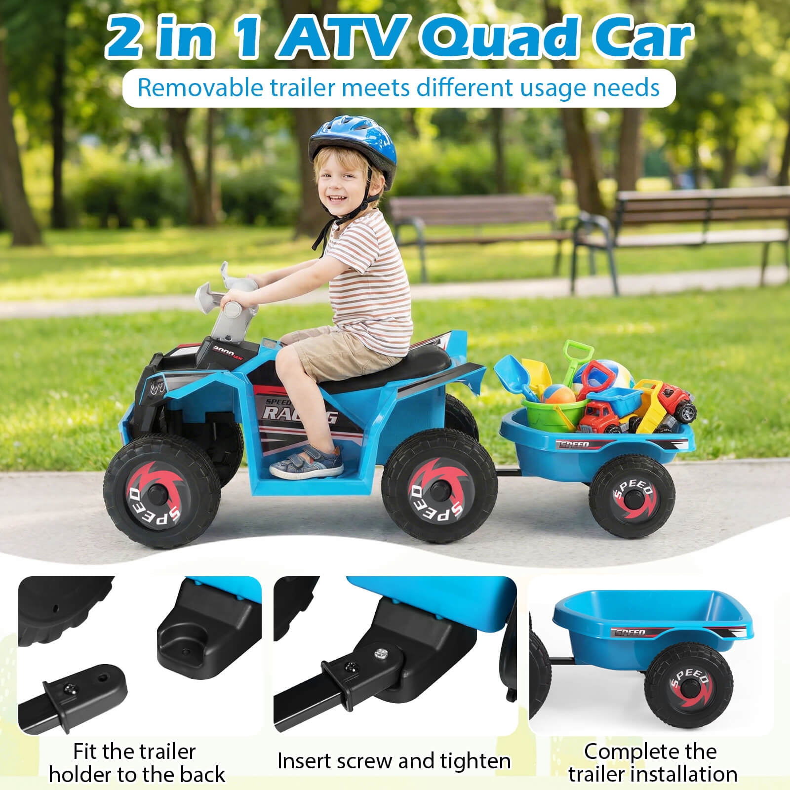 Costway Kids Electric ATV Car, 6V Battery-Powered Ride on Toy wirh Removable Back Trailer Blue