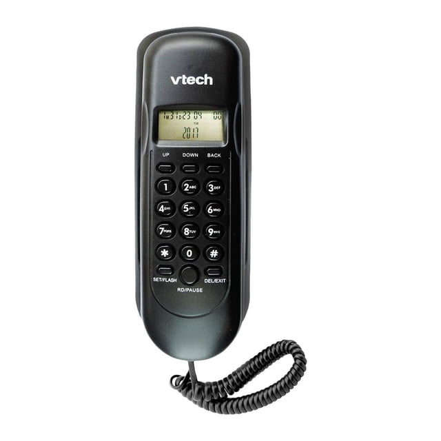teléfono alámbrico vtech vtc50 negro tipo góndola con pantalla. Vista frontal centrada con pantalla LCD que muestra hora y fecha, teclado numérico con botones circulares y teclas de navegación, cable en espiral en la parte inferior; identificador de llamadas y flash ajustable, apto para montaje en pared, también usado frecuentemente como teléfono fijo para hogar u oficina.