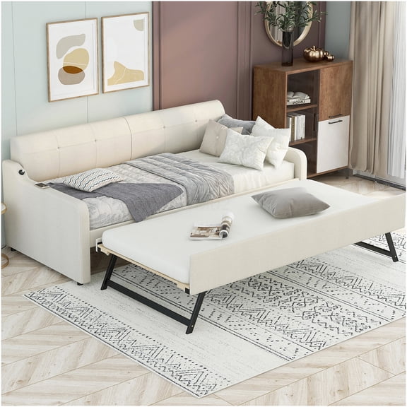 Twin Size Upholstered Daybed with Pull Out Trundle and USB Charging Ports, Convertible Sleeper Sofa with Solid Frame for Living Room, Dorm, Guest Room