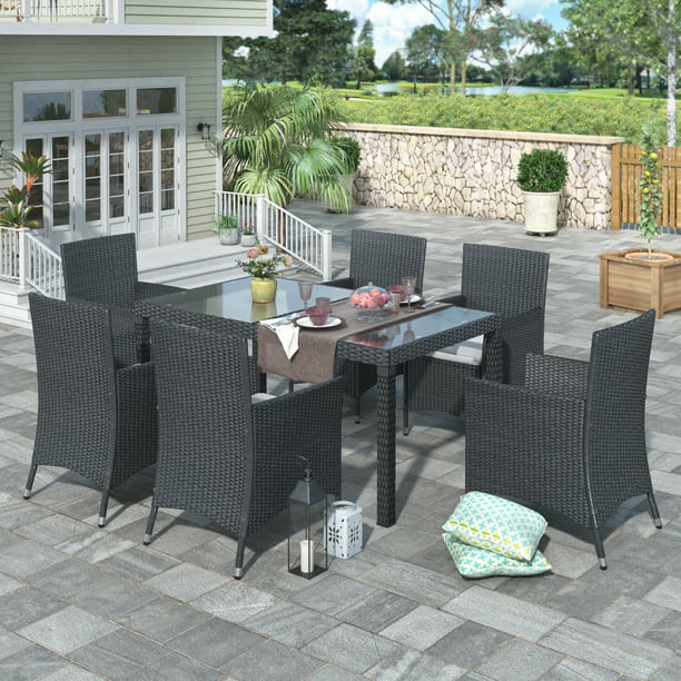 Outdoor Dining Table And Chairs Set 7 Pcs Heavy Duty Wicker Patio Furniture Conversation For Garden Balcony Poolside Backyard Black Beige Cushion W9389 Com - Heavy Duty Patio Dining Furniture