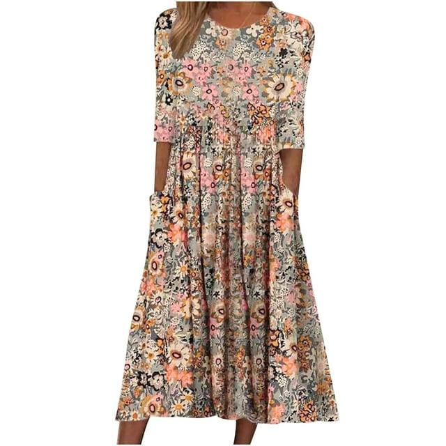 Pompotops Robes d'Été Décontractées pour Femmes Col Rond Manches Mi-Longues Imprimé Floral avec Poche