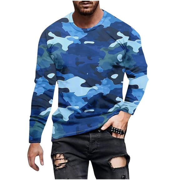 Dagegui Men's Camouflage Shirts Long Sleeve Round Neck T-Shirts Camo Print Tees Lightweight Running Workout Tops Loose Fit Pullovers Blue,L