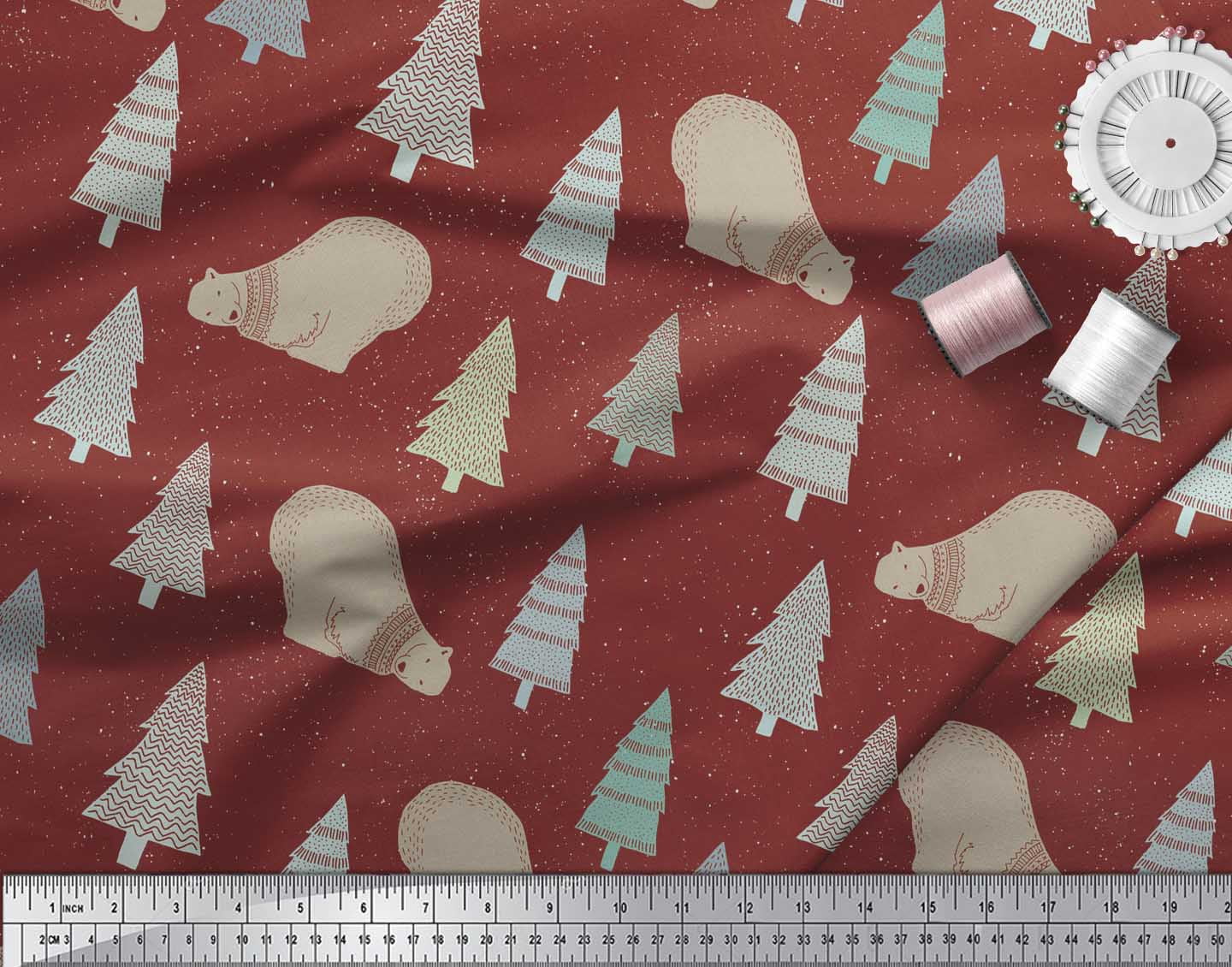 Soimoi Red Cotton Voile Fabric Bear & Tree Christmas Print Fabric by Yard 56 Inch Wide
