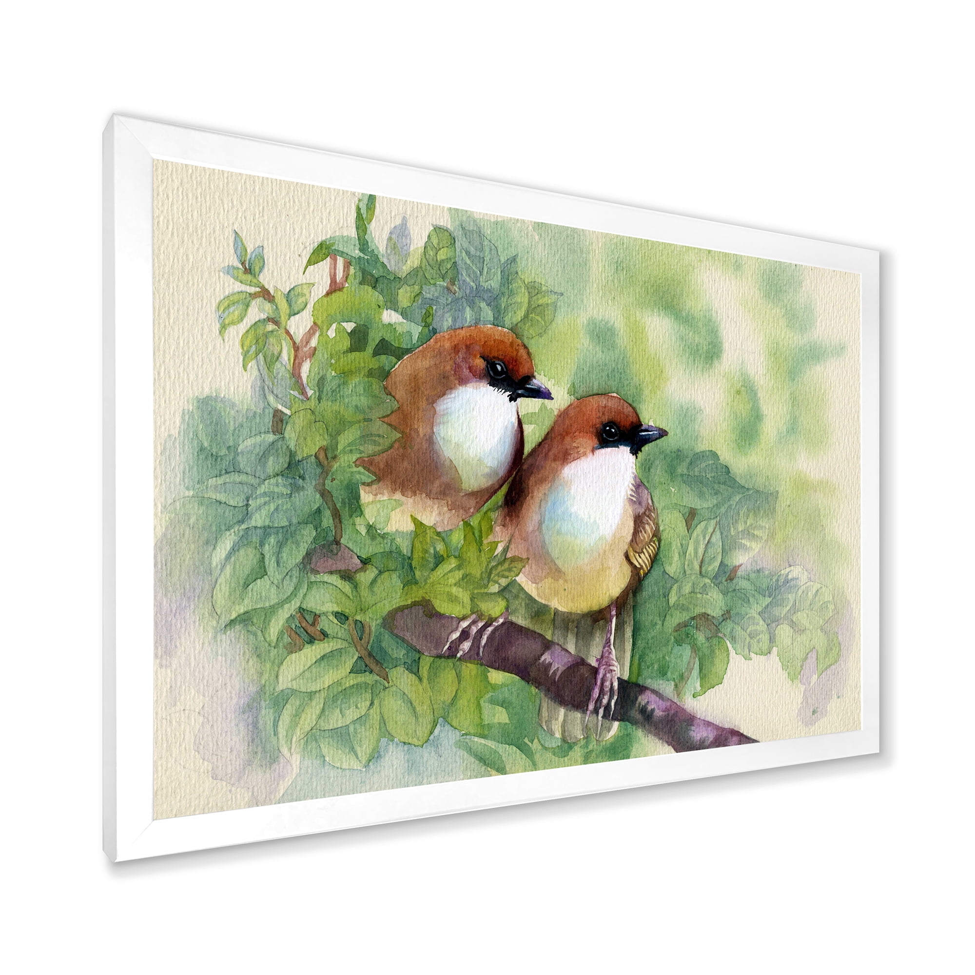 Birds Of Spring Sitting On Branch 40 in x 30 in Framed Painting Canvas Art Print, by Designart