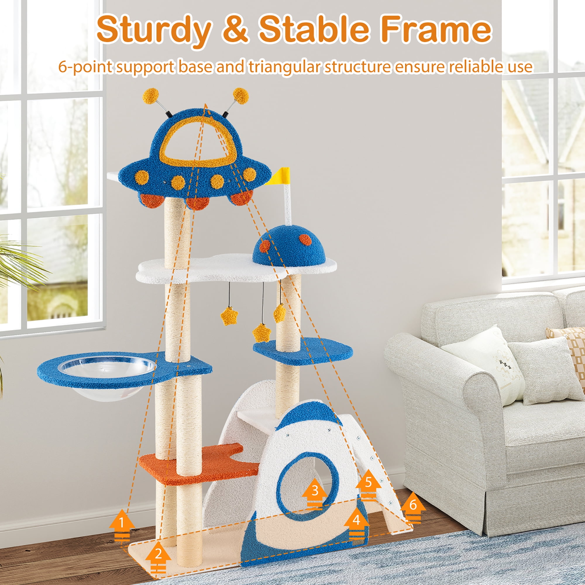 Gymax Space Theme Cat Tree w/ Sisal Covered Scratching Posts UFO-shaped Top Perch