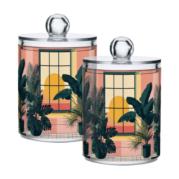 Yayeee 2 Pack Qtip Holder Bathroom Cotton Swab Canister with Lid Clear Dispenser Set, Pink Sunset