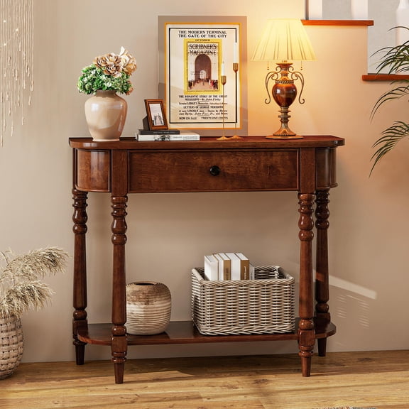 Retro 36" Wooden Console Table with Drawer and Shelf, Narrow 2-Tier Sofa Table for Entryway, Hallway, Living Room, Brown