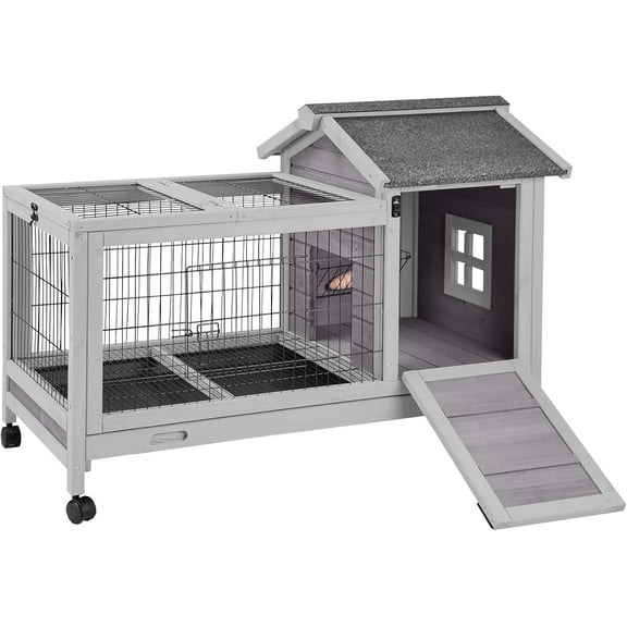 MEDEHOO Rabbit Cage with Wheels Bunny Hutch w/ Leak-Proof Tray, Rabbit Hutch for Outdoor and Indoor with Rest and Activity Area
