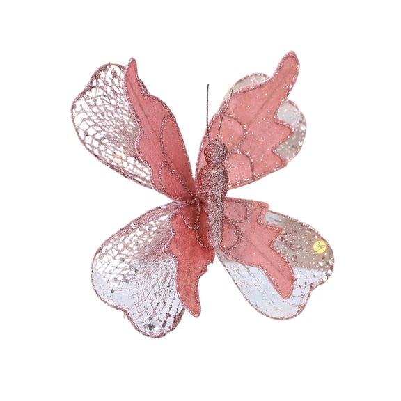 chaungfeng 8.66" Artificial Glitter Butterfly Ornaments, Fake Butterfly Decor for Xmas Tree Holiday Indoor Outdoor Wall Decor - Rose Gold