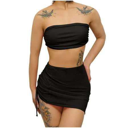 Oplxuo Sexy Strapless Bikini Sets for Women 3 Piece Swimsuits with Cover Up Drawstring Mini Skirt Padded Beach Bathing Suit