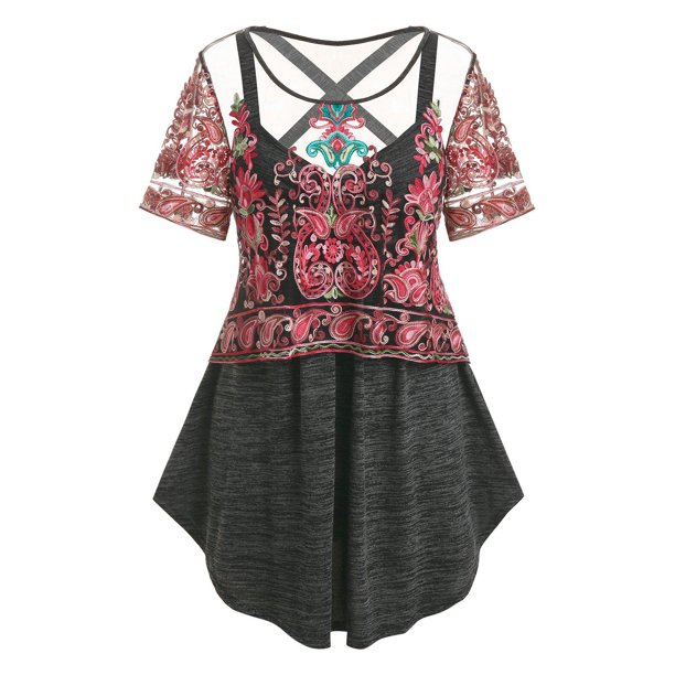 TIPO DE TIENDO DE TIENDO DE CRISCROSS DE TAMAÑO CRISCROSS Y CONJUNTO TOP DE MESH BORDADO Rosegal Camisetas tallas grandes