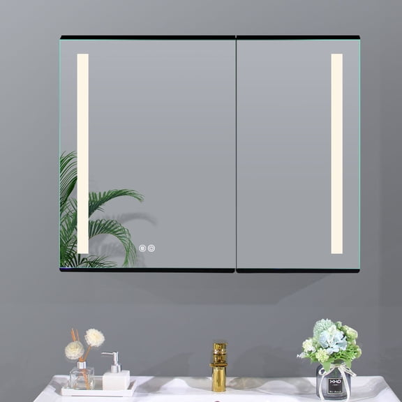 LED Lighted 34"W x 26"T Wall Mounted Bathroom Vanity Black Medicine Cabinet Mirror with Defogger