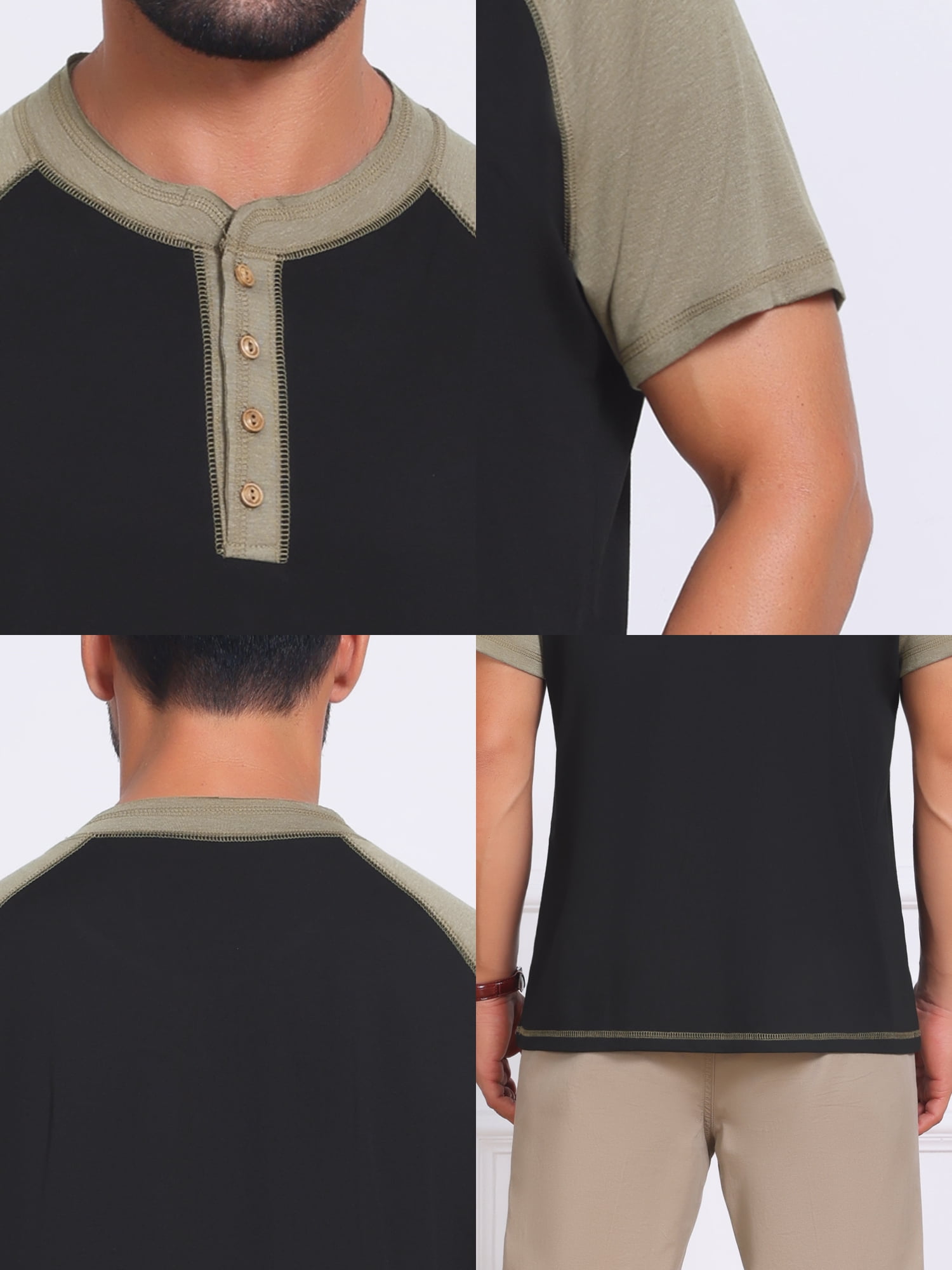 DARING DIVA Men's Raglan Henley Retro Short Sleeve Button Down T-Shirt XL Black