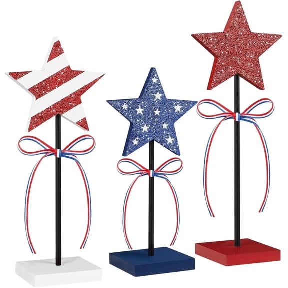 Table Decorations Wooden Star Set, Rustic Memorial Day Table Decor, Red White and Blue Decorations for Home（A）