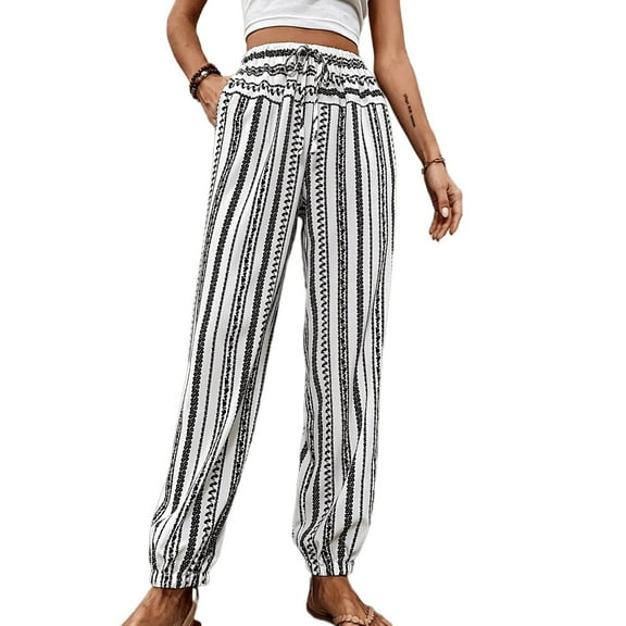 Women's Casual Striped Tapered Ankle Pants with Drawstring, High Elastic Waist and Side Pockets - White - Size L