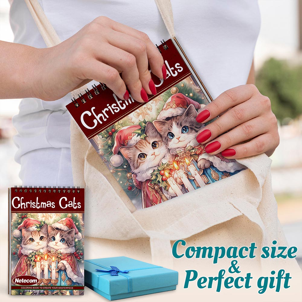 Netecom Christmas Cats Coloring Book Spiral Bound For Adults, A5 Wooden Cover, 30 Cute Coloring Pages of Adorable Cats for Stress Relief and Relaxation