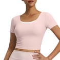 thumbnail image 4 of Women's Short Sleeve Yoga Tops with Built-in Bra Pad,Crew Neck Cross Butterfly Back Breathable Workout Shirts Pink M, 4 of 7