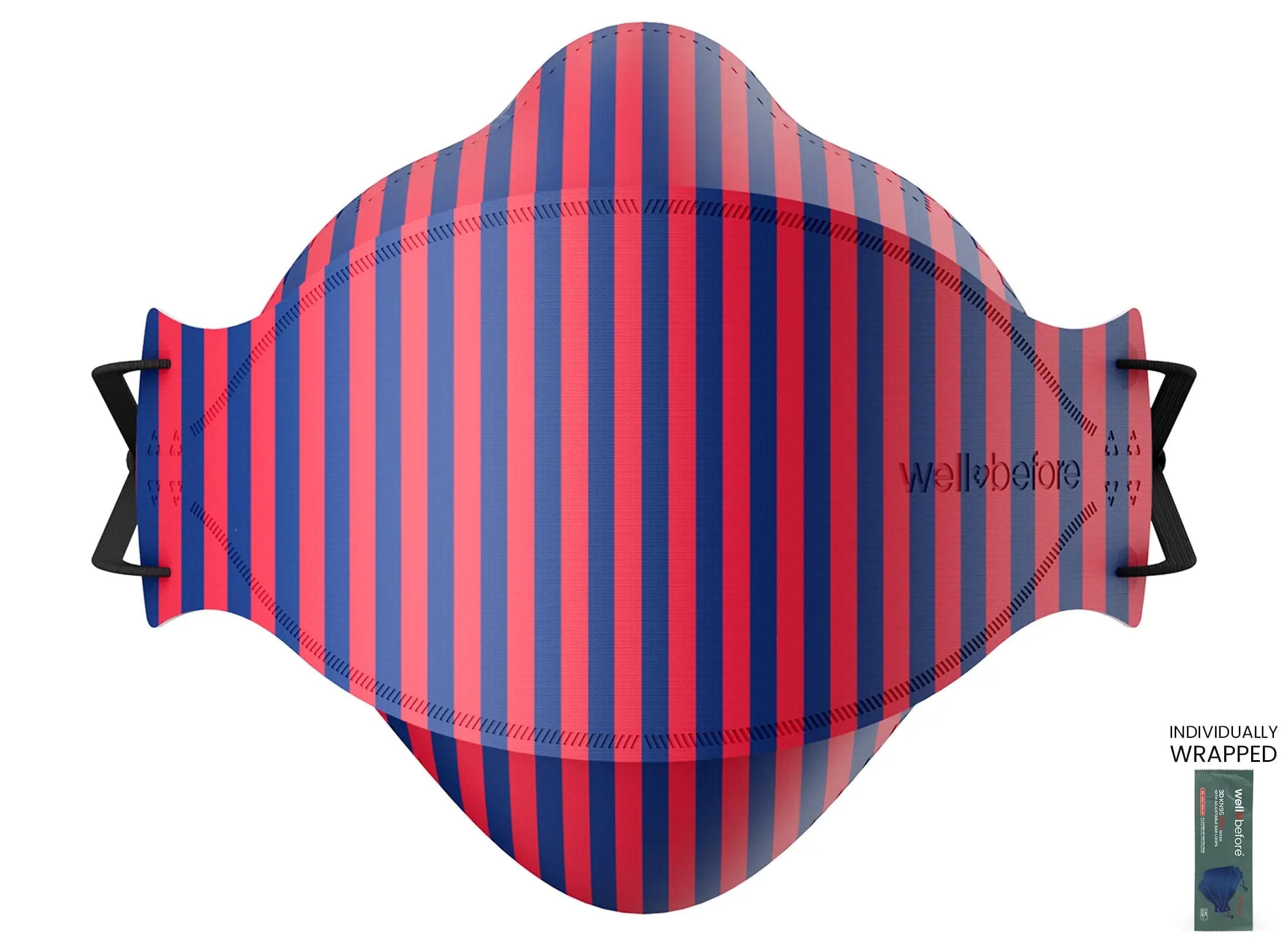 WellBefore Premium KN95 Disposable 4Ply Face Masks, Pack of 10, Medium, Berry Stripe, Individually Wrapped, Adjustable Ear Loops, 3D-Style