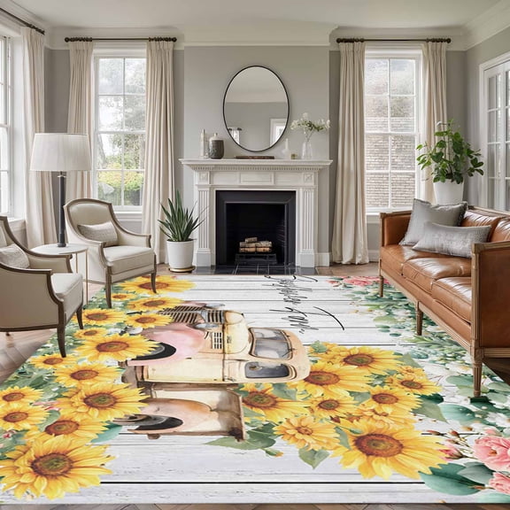 Area Rug for Living Room, Sunflowers Trucks Non-Slip Indoor Large Carpet for Bedroom/Dining Room, Spring Farmhouse Eucalyptus Gray Wooden Washable Low-Profile Rectangle Floor Runner Rugs - 6 x 9 Ft