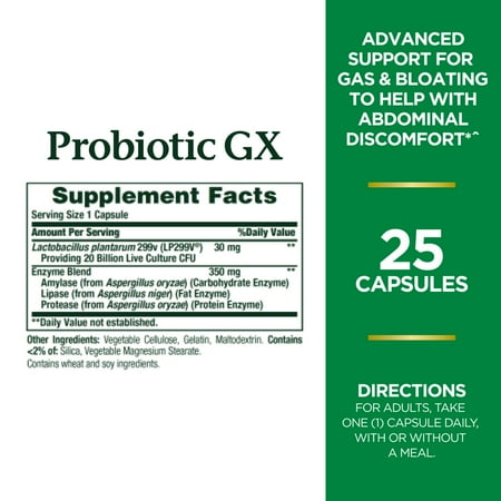 Nature's Bounty Probiotic GX, Gas and Bloating Capsules Helps with Digestive Health, 25 Ct