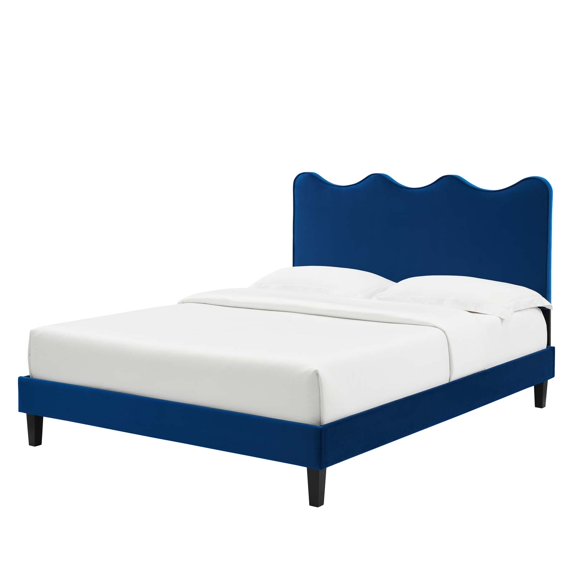Platform Bed Frame, Queen Size, Blue Navy, Velvet, Modern Contemporary, Bedroom Master Guest Suite Room