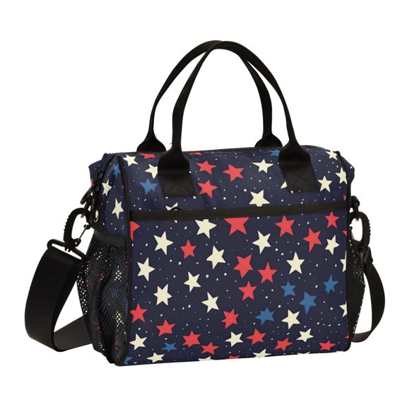 FORMRS Insulated Lunch Bag Unisex Large Capacity with Shoulder Strap, Red Starry Pattern