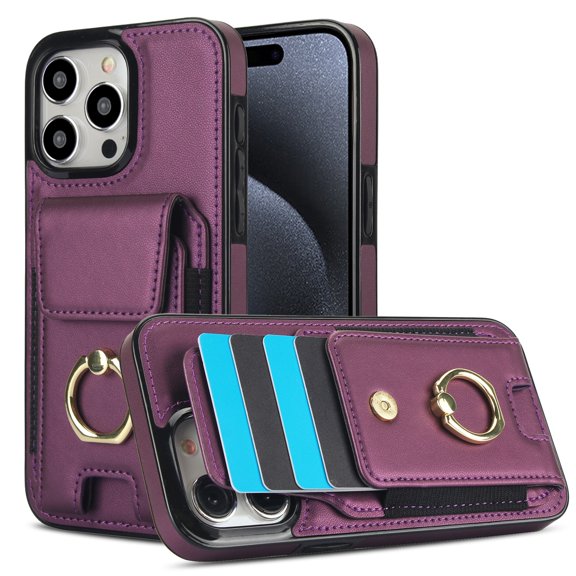 For iPhone 15 Pro Wallet Case with Card Holder, 360°Rotation Ring Holder Kickstand, 4 Card Slots PU Leather Case, RFID Blocking Magnetic Clasp Protective Cover,Purple