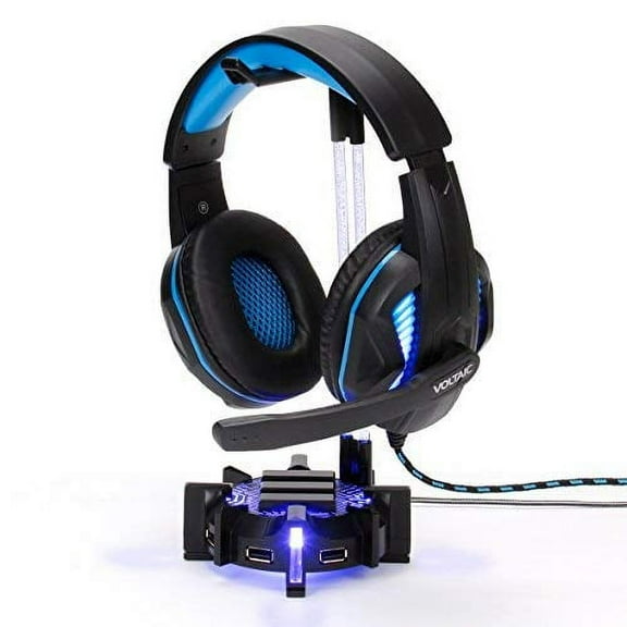 ENHANCE Gaming Headset Stand Headphone Holder with 4 Port USB Hub , Customizable LED Lighting , Flexible Acrylic Neck - Universal Hanger with Weighted Base for Desktop Audio Organization