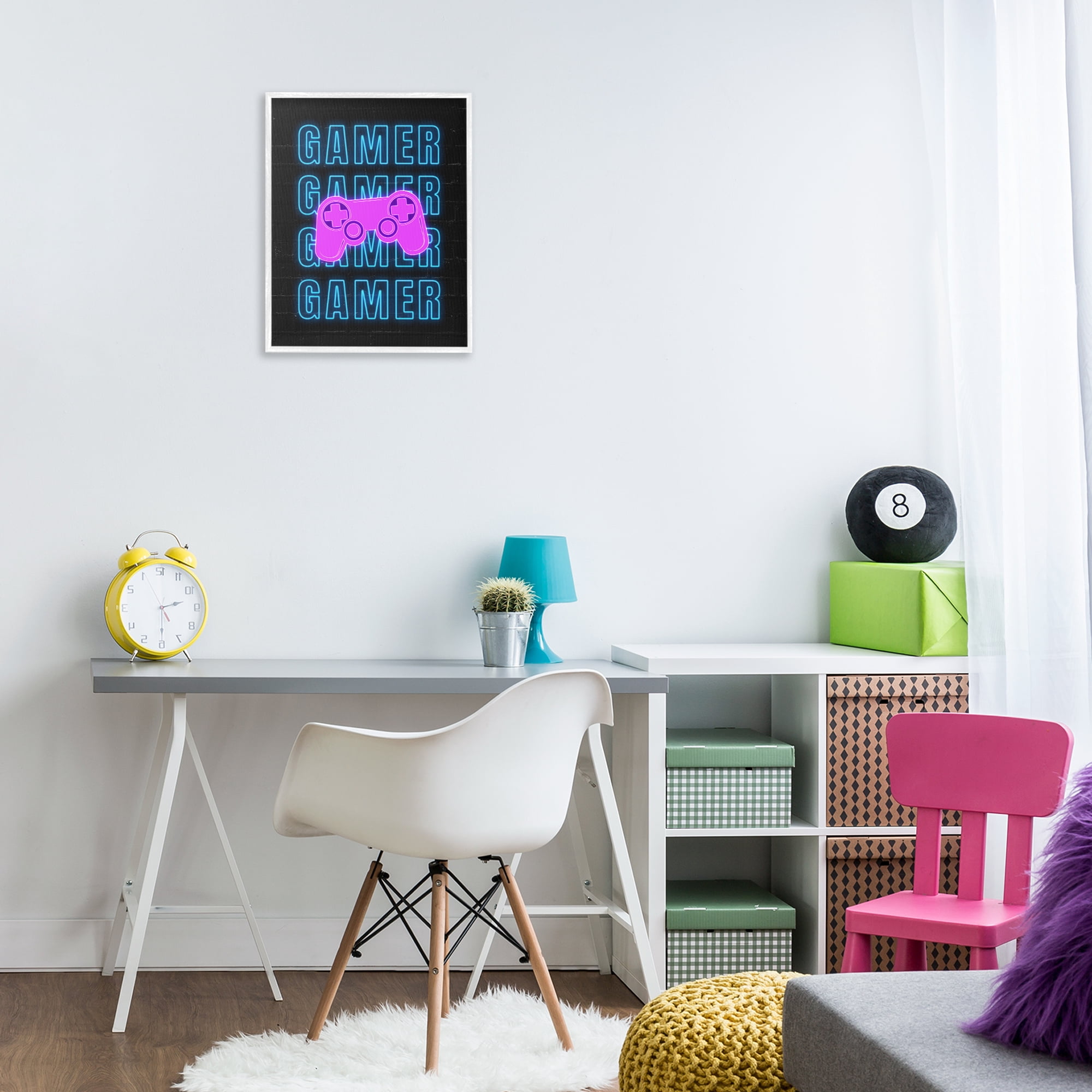 Stupell Industries Neon Gamer Words Typography Painting White Framed Art Print Wall Art, 16 x 20