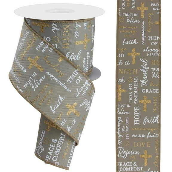 2.5"X10yd Words of Comfort On Diagonal Tan Wired Edge Ribbon