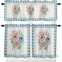 3 Piece Pink Flower Watercolor Floral Kitchen Curtains, Tier and Valance Rod Pocket Window Curtains Set Blue Buffalo Check Cafe Curtains for Kitchen Valances Window Treatment 54X18in 27x36in×2