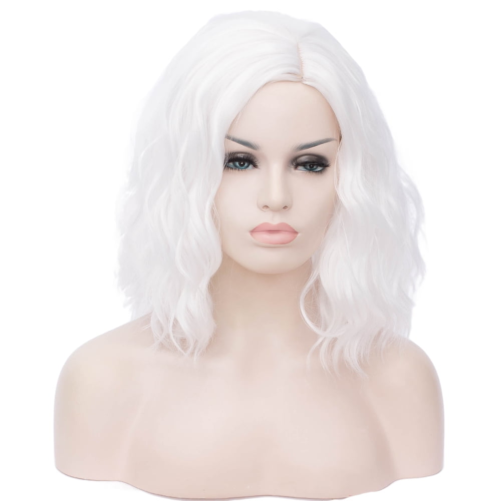RightOn White Wig for Women Short Curly Wavy Wig White Bob Wig Side