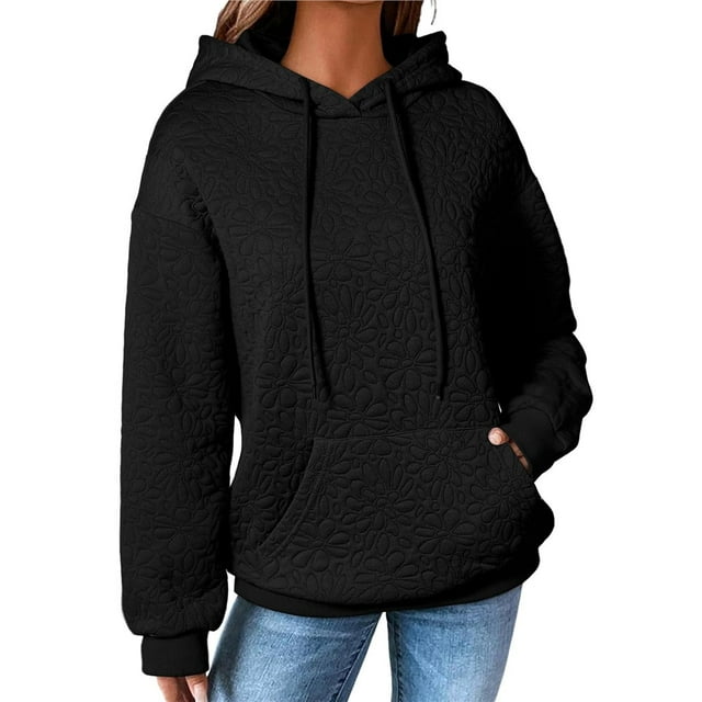 Sudadera con Capucha para Mujer, Informal, de Larga, con Cordón Ajustable, de Jacquard, Estilo Pulóver, Ropa Holgada. Negro L