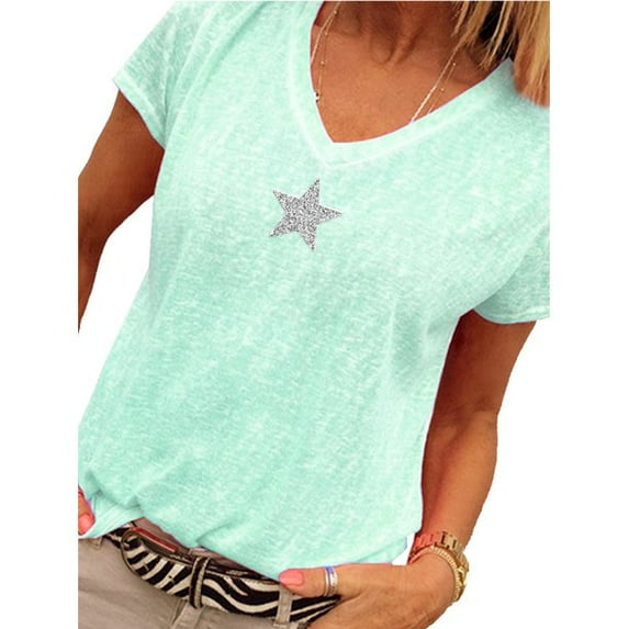 Uhndy Women's Plus Size Short Sleeve V-Neck Tops,T-Shirt for Women with Short Sleeve Loose Gradient Style Blouse Sky Blue (Type A) L