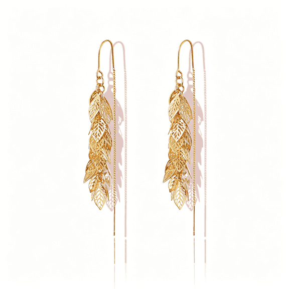 DESIGNICE 14K Gold Plated Leaf Threader Crystal Earrings for Women, Long Tassel Elegant Dangle Drop Earrings for Weddings, Galas, and Formal Events, Hypoallergenic Lightweight Jewelry Idea Gift
